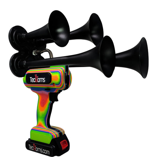 TecHorns RAINBOW 4-Horn – 130 dB handheld train horn with 20 V lithium battery and charger, featuring black trumpets and a custom rainbow-fade body design
