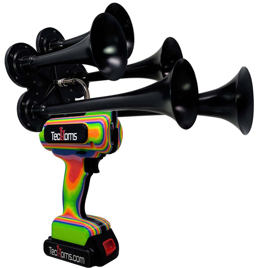 TecHorns RAINBOW 5-Horn – 130 dB handheld train horn with 20 V lithium battery and charger, featuring black trumpets and a custom rainbow-fade body design