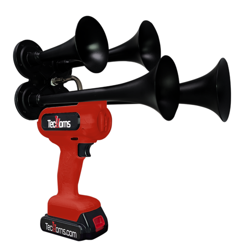 TecHorns Red 4-Horn – single color 130 dB handheld train horn, 20V lithium battery powered with charger