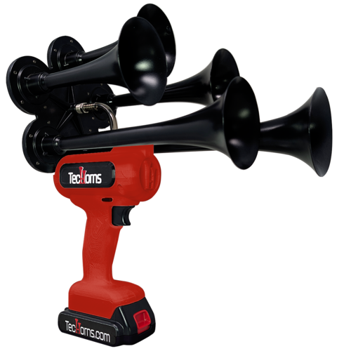 TecHorns Red 5-Horn – powerful single color handheld train horn, 20V lithium battery powered with charger included