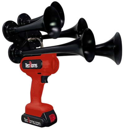TecHorns Red 5-Horn – powerful single color handheld train horn, 20V lithium battery powered with charger included