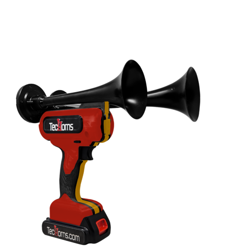 TecHorns Red, Black, and Gold 2-Horn – triple color handheld train horn, 130 dB loud with 20 V lithium battery and charger