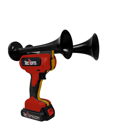TecHorns Red, Black, and Gold 2-Horn – triple color handheld train horn, 130 dB loud with 20 V lithium battery and charger