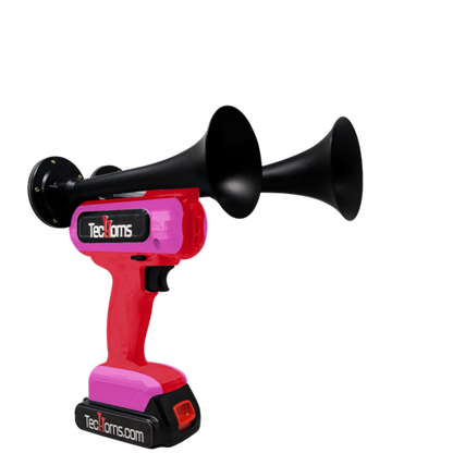 TecHorns Red and Bubble Gum 2-Horn – fun dual color handheld train horn with 20V lithium battery and charger