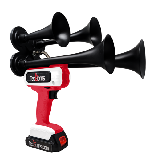 TecHorns Red and White 4-Horn – bold dual color handheld train horn, 130 dB, 20V lithium battery powered