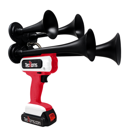 TecHorns Red and White 4-Horn – bold dual color handheld train horn, 130 dB, 20V lithium battery powered