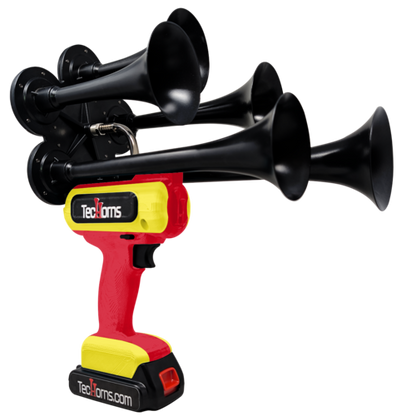 TecHorns Red and Yellow 5-Horn – dual color handheld train horn, 20 V lithium battery powered, 130 dB loud