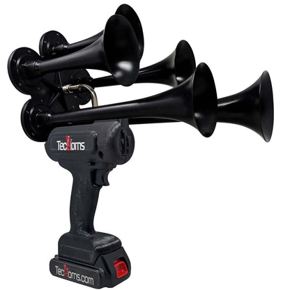 TecHorns Satin Black 5-Horn – 130 dB deep-tone handheld train horn with 20V lithium battery and charger included