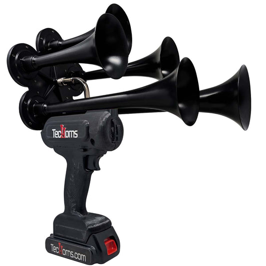 TecHorns Satin Black 5-Horn – 130 dB deep-tone handheld train horn with 20V lithium battery and charger included