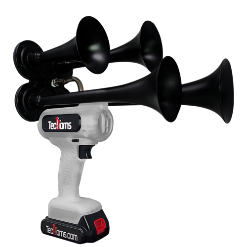 TecHorns Silver 4-Horn – polished single color handheld train horn with 20V lithium battery and charger