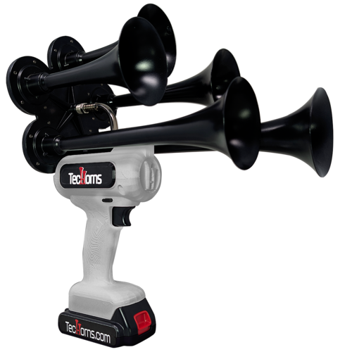 TecHorns Silver 5-Horn – polished single color handheld train horn, 130 dB deep-tone with 20V lithium battery