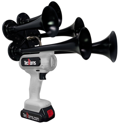 TecHorns Silver 5-Horn – polished single color handheld train horn, 130 dB deep-tone with 20V lithium battery