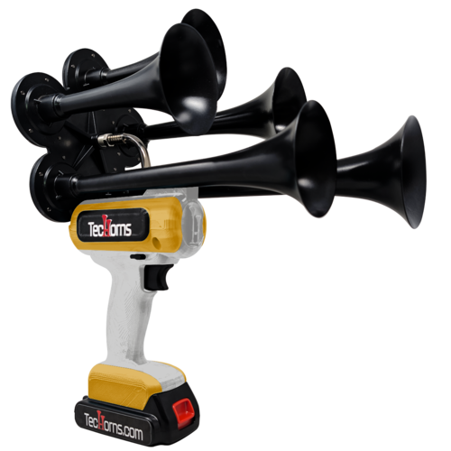 TecHorns Silver and Gold 5-Horn – polished dual color handheld train horn, 130 dB deep-tone with 20 V lithium battery