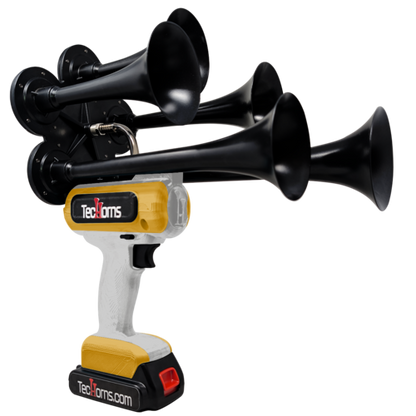 TecHorns Silver and Gold 5-Horn – polished dual color handheld train horn, 130 dB deep-tone with 20 V lithium battery