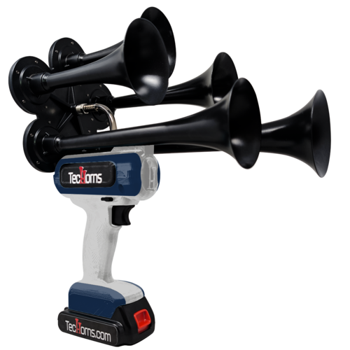 TecHorns Silver and Navy Blue 5-Horn – dual color handheld train horn, 130 dB, 20 V lithium battery powered
