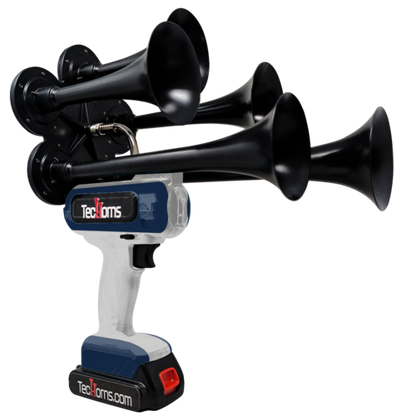 TecHorns Silver and Navy Blue 5-Horn – dual color handheld train horn, 130 dB, 20 V lithium battery powered