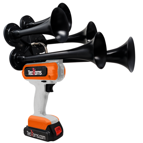 TecHorns Silver and Orange 5-Horn – dual color handheld train horn, 130 dB with 20 V lithium battery and charger included