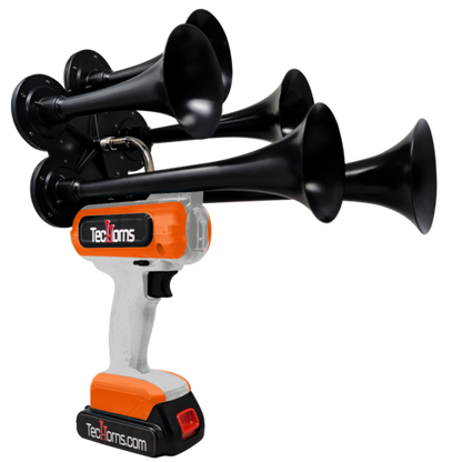 TecHorns Silver and Orange 5-Horn – dual color handheld train horn, 130 dB with 20 V lithium battery and charger included