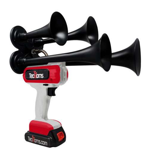 TecHorns Silver and Red 4-Horn – dual color handheld train horn, 130 dB loud with 20V lithium battery and charger