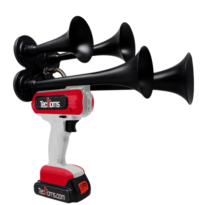 TecHorns Silver and Red 4-Horn – dual color handheld train horn, 130 dB loud with 20V lithium battery and charger