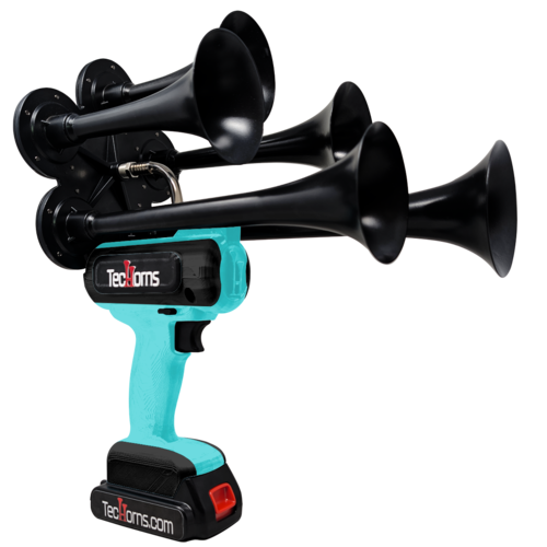 TecHorns Teal and Black 5-Horn – dual color handheld train horn, 130 dB with 20 V lithium battery powered system