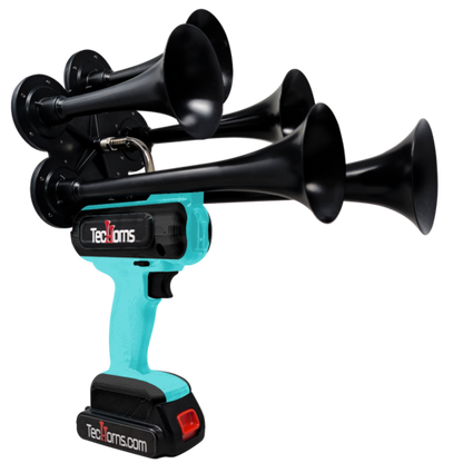 TecHorns Teal and Black 5-Horn – dual color handheld train horn, 130 dB with 20 V lithium battery powered system