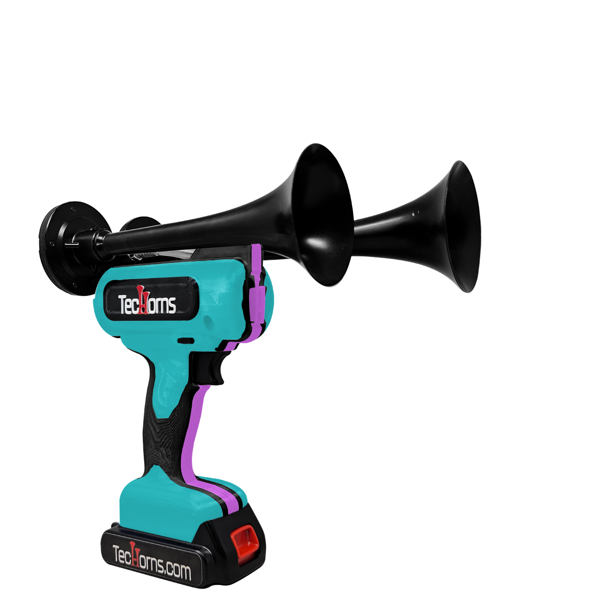 TecHorns Teal, Black, and Pink 2-Horn – triple color handheld train horn, 130 dB with 20 V lithium battery powered design