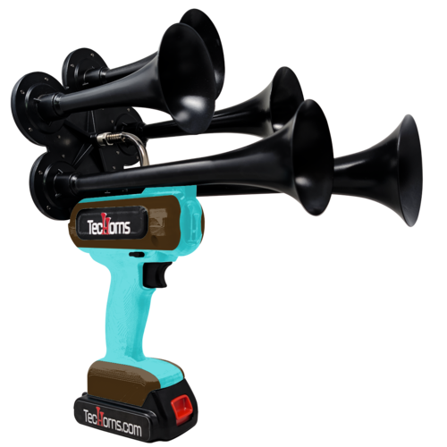 TecHorns Teal and Brown 5-Horn – dual color handheld train horn, 20 V lithium battery powered, 130 dB loud