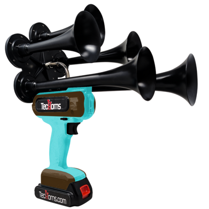 TecHorns Teal and Brown 5-Horn – dual color handheld train horn, 20 V lithium battery powered, 130 dB loud