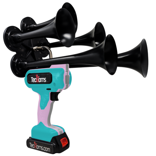 TecHorns Teal, Bubble Gum, and Light Gray 5-Horn – triple color handheld train horn, 130 dB with 20 V lithium battery powered design