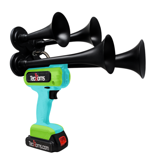TecHorns Teal and Green 4-Horn – dual color handheld train horn, 20V lithium battery powered, 130 dB blast