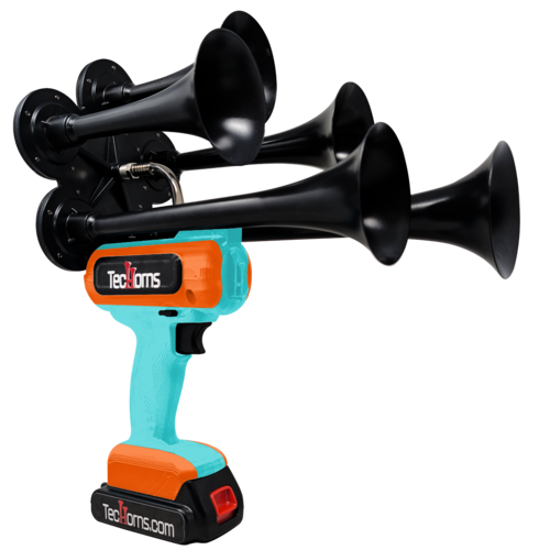 TecHorns Teal and Orange 5-Horn – dual color handheld train horn, 130 dB deep-tone with 20 V lithium battery and charger included