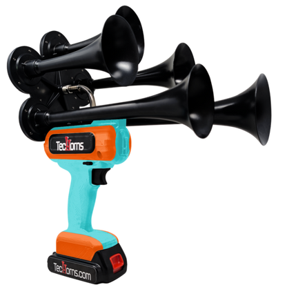 TecHorns Teal and Orange 5-Horn – dual color handheld train horn, 130 dB deep-tone with 20 V lithium battery and charger included