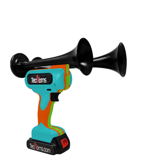 TecHorns Teal, Orange, and Green 2-Horn – triple color handheld train horn, 130 dB with 20 V lithium battery included