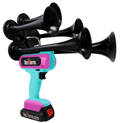 TecHorns Teal and Pink 5-Horn – dual color handheld train horn, 130 dB deep-tone, 20 V lithium battery powered