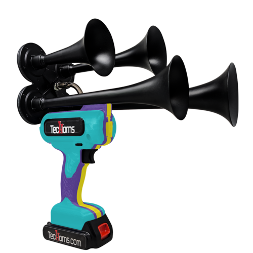 TecHorns Teal, Purple, and Yellow 4-Horn – triple color handheld train horn, 130 dB bright tone with 20 V lithium battery and charger included
