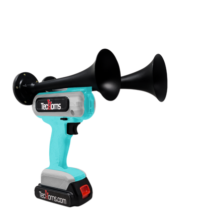 TecHorns Teal and Silver 2-Horn – dual color handheld train horn with 20V lithium battery and charger, 130 dB blast