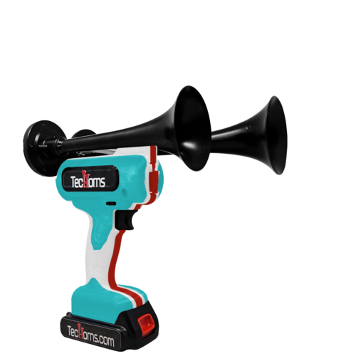 TecHorns Teal, White, and Red 2-Horn – triple color handheld train horn, 130 dB deep-tone with 20 V lithium battery