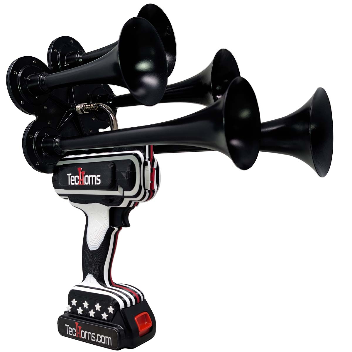 Thin RED Line TecHorns 5-Horn – 130 dB handheld train horn with 20 V lithium battery and charger, finished in black and white with the Thin RED Line and stars honoring firefighters and their courage