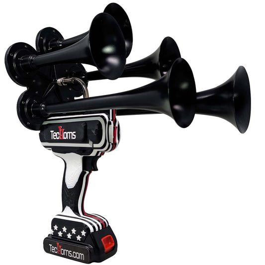 Thin RED Line TecHorns 5-Horn – 130 dB handheld train horn with 20 V lithium battery and charger, finished in black and white with the Thin RED Line and stars honoring firefighters and their courage