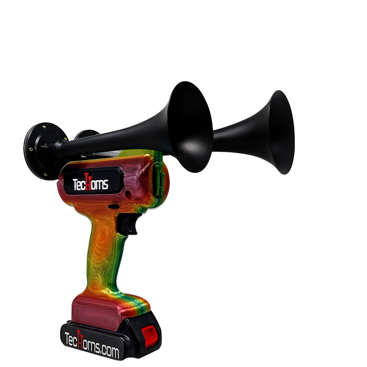 TecHorns Tropical Blaze Candy 2-Horn – compact handheld train horn with 20 V lithium battery and charger, featuring a deep raspberry-to-burnt-orange-to-green candy finish and 130 dB sound output
