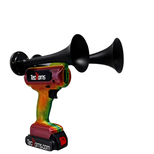 TecHorns Tropical Blaze Candy 2-Horn – compact handheld train horn with 20 V lithium battery and charger, featuring a deep raspberry-to-burnt-orange-to-green candy finish and 130 dB sound output