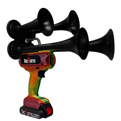 TecHorns Tropical Blaze Candy 4-Horn – 130 dB handheld train horn with 20 V lithium battery and charger, featuring a candy finish blending deep raspberry, burnt orange, and vibrant green hues