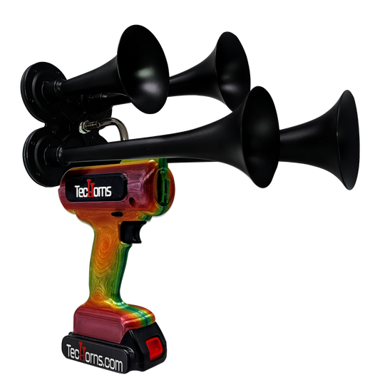 TecHorns Tropical Blaze Candy 4-Horn – 130 dB handheld train horn with 20 V lithium battery and charger, featuring a candy finish blending deep raspberry, burnt orange, and vibrant green hues