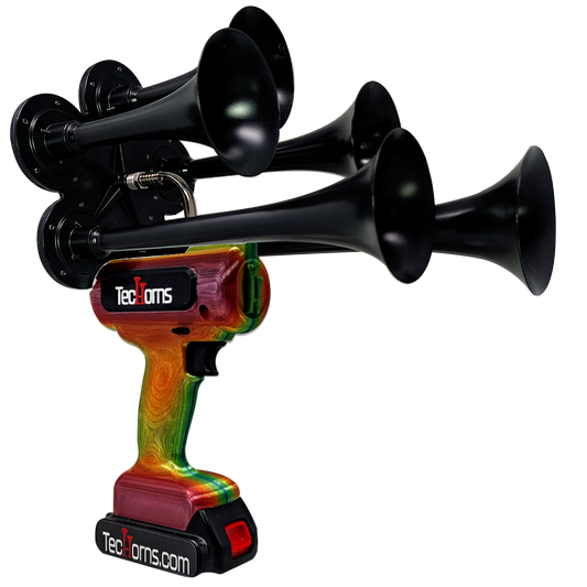 TecHorns Tropical Blaze Candy 5-Horn – 130 dB handheld train horn with 20 V lithium battery and charger, featuring a candy finish blending deep raspberry, burnt orange, and electric green tones