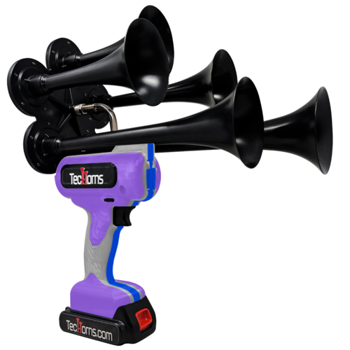 TecHorns Violet, Light Gray, and Blue 5-Horn – triple color handheld train horn, 130 dB deep-tone with 20 V lithium battery
