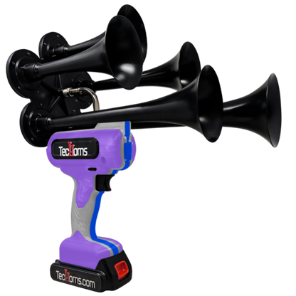 TecHorns Violet, Light Gray, and Blue 5-Horn – triple color handheld train horn, 130 dB deep-tone with 20 V lithium battery