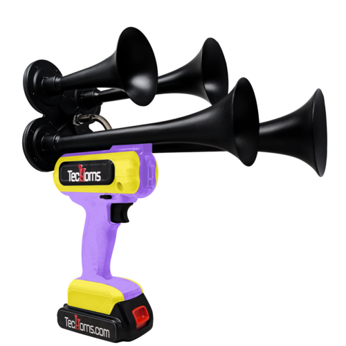 TecHorns Violet and Yellow 4-Horn – dual color handheld train horn, 20V lithium battery powered, 130 dB sound