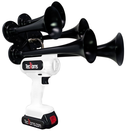 TecHorns White 5-Horn – clean single color handheld train horn, 130 dB loud with 20V lithium battery and charger included