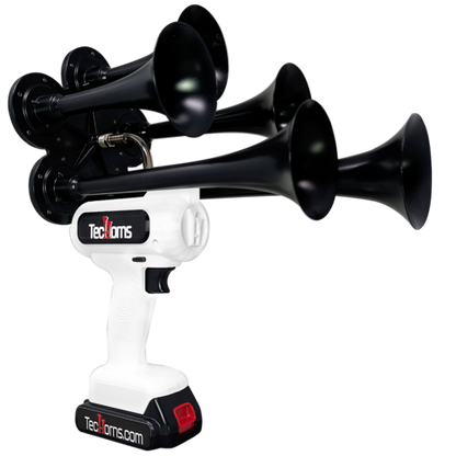 TecHorns White 5-Horn – clean single color handheld train horn, 130 dB loud with 20V lithium battery and charger included